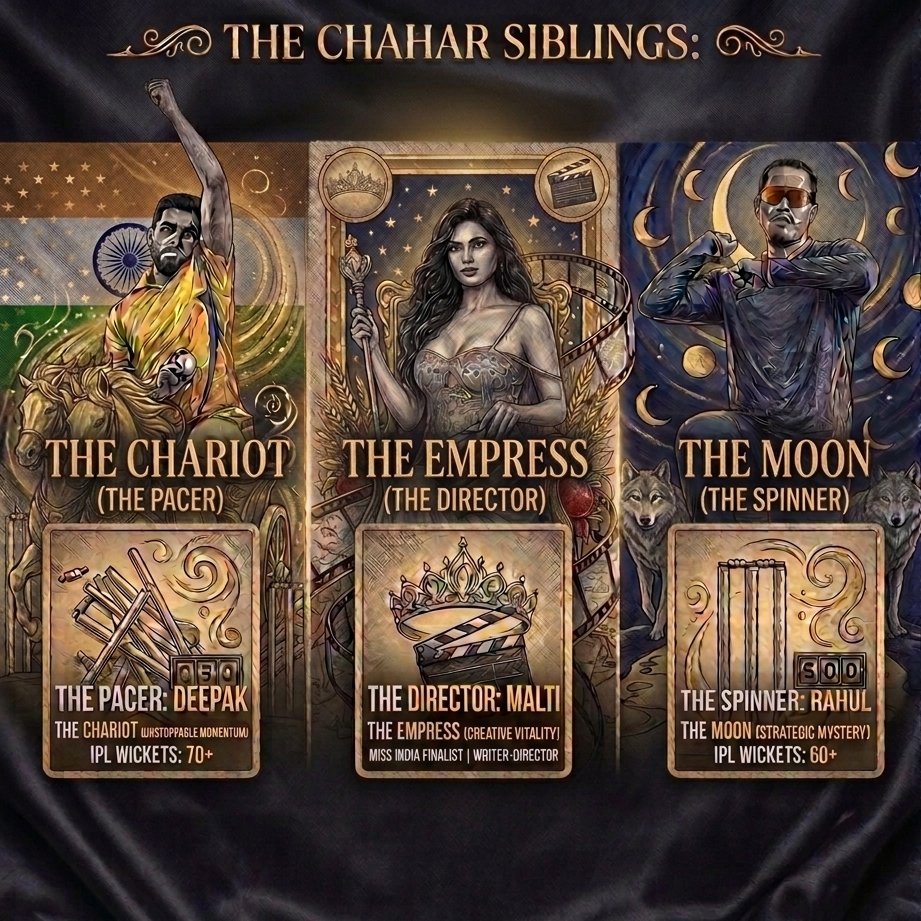 NaineRaLobhi's tweet photo. Our Favourite Sibling Trio as Tarot Cards 

#maltichahar #beyondtheboundary

@deepak_chahar9 @rdchahar1 @ChaharMalti https://t.co/4qVrgbFyke