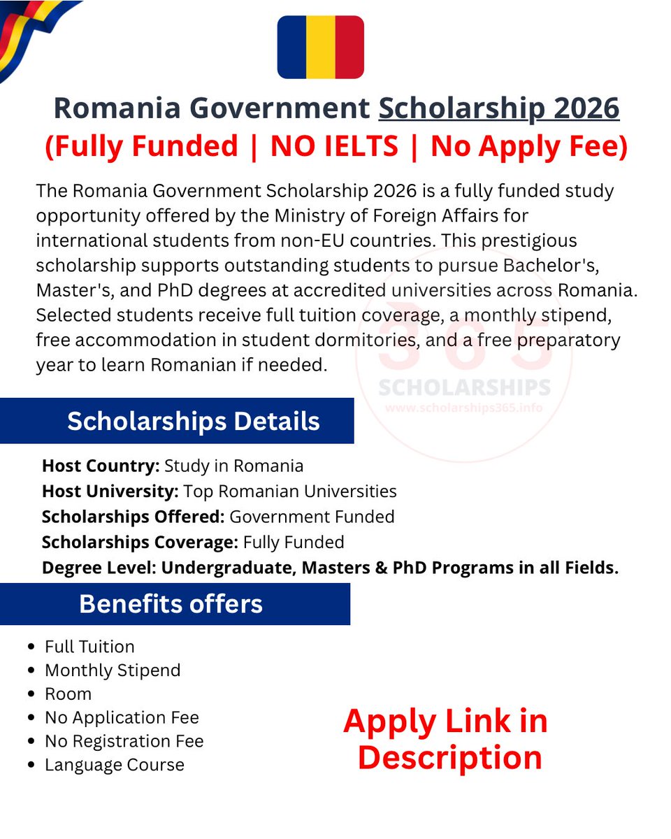 Fully Funded Romania Government Scholarships 2026 is announced for world students!

Degree Program:
🎓 Bachelor's degrees (3-6 years)
🎓 Master's degrees (1-2 years)
🎓 PhD degrees (4 years)

Scholarship covers:
1) Full tuition
2) Monthly stipend
3) dormitory accommodation
4)