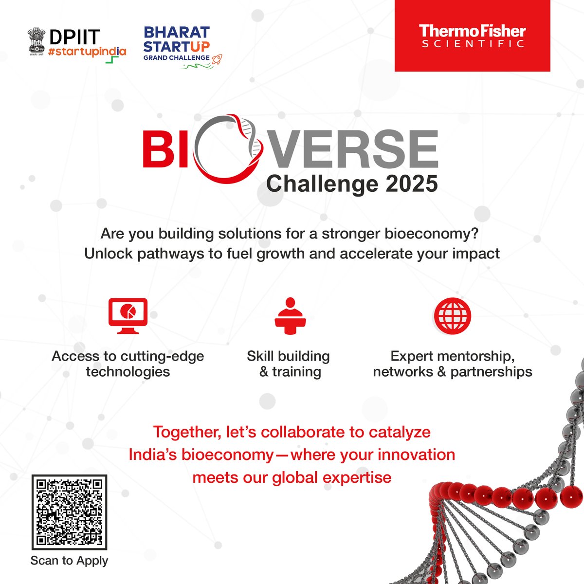 startupindia's tweet photo. Thermo Fisher Scientific India in collaboration with Startup India, DPIIT is thrilled to launch the BioVerse Challenge 2025

Over the next three years, the program aims to support 500 biotech startups, with the goal of engaging 1,000 annually by 2030, in alignment with India’s target of achieving a $300 billion bioeconomy.

Start-ups, shortlisted by a distinguished advisory board, will get hands-on training and access to our cutting-edge technology in Hyderabad, plus mentorship through nationwide workshops.

Apply now: https://t.co/6SHXrzcAFw

#StartupIndia #DPIIT #BioVerseChallenge #BiotechInnovation #ThermoFisherScientific