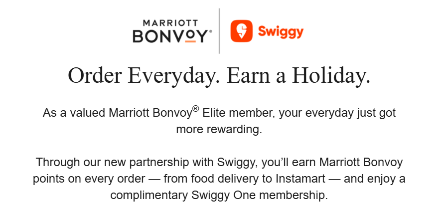 cibhisp's tweet photo. Interesting partnership quietly dropped 👀
Marriott Bonvoy × Swiggy

Now your biryani orders can earn you a hotel stay.
The breakdown 🧵
▫️ 5 Bonvoy points for every ₹500 spent on Swiggy
▫️ Works on food delivery + Instamart
▫️ Complimentary 3-month Swiggy One membership after linking

Why this matters:
Most hotel programs struggle with everyday earning in India.
This quietly solves that.

Food → Points → Free nights.

Smart ecosystem play.
If you already hold Bonvoy elite status, this is basically points for something you already do daily.

The real question:
Will this expand to credit card multiplier partnerships next? 👀

#MarriottBonvoy #Swiggy #LoyaltyPrograms #CreditCardRewards #TravelHacking #IndiaFinance