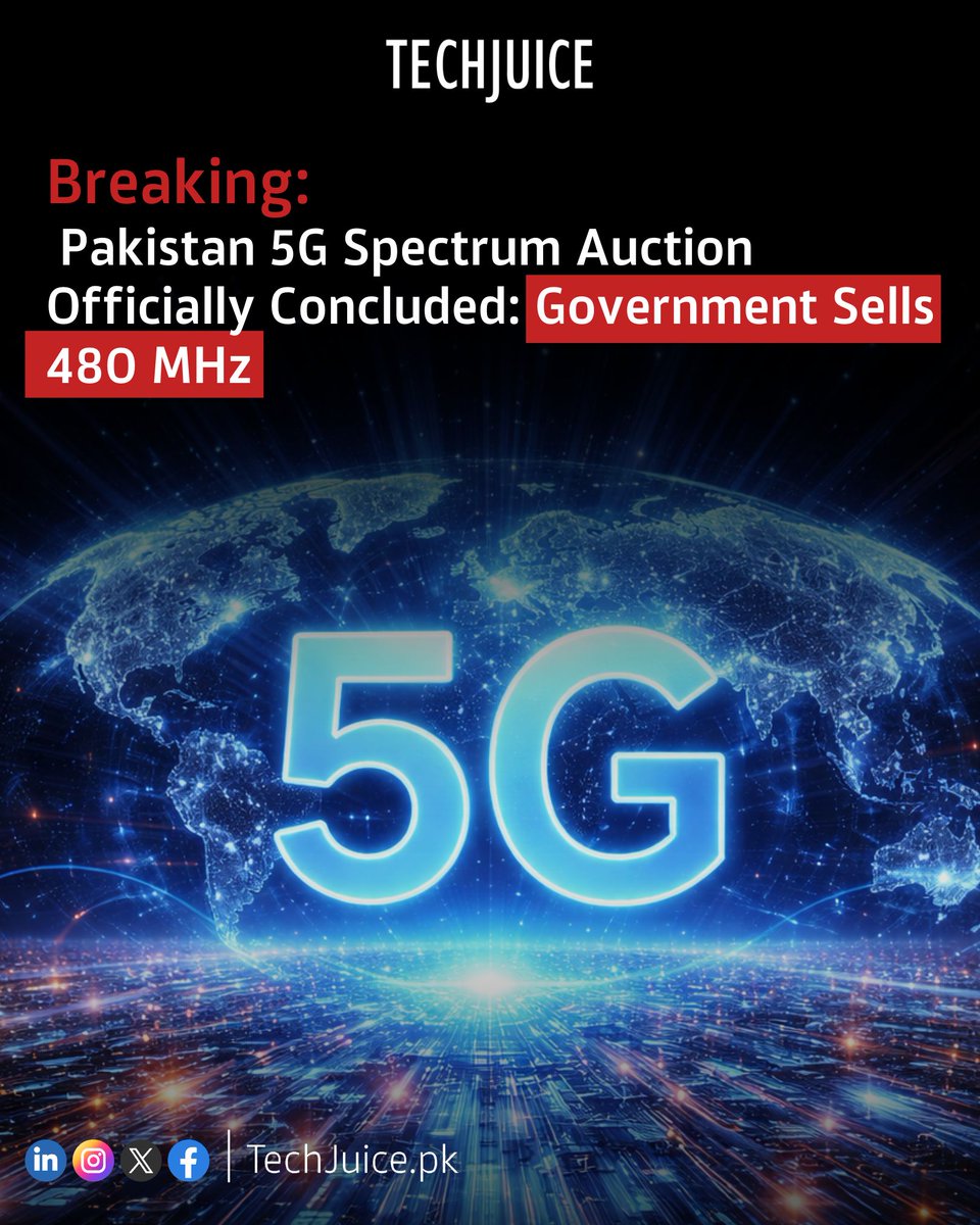 TechJuicePk's tweet photo. Pakistan’s 5G Spectrum Auction Officially Concludes.
Pakistan’s historic 5G spectrum auction concluded after three rounds of bidding, with the government selling 480 MHz of spectrum out of the 597 MHz available.
#techjuice #5gspectrum #pakistan #telecom #technews https://t.co/pgaxh8CgyL