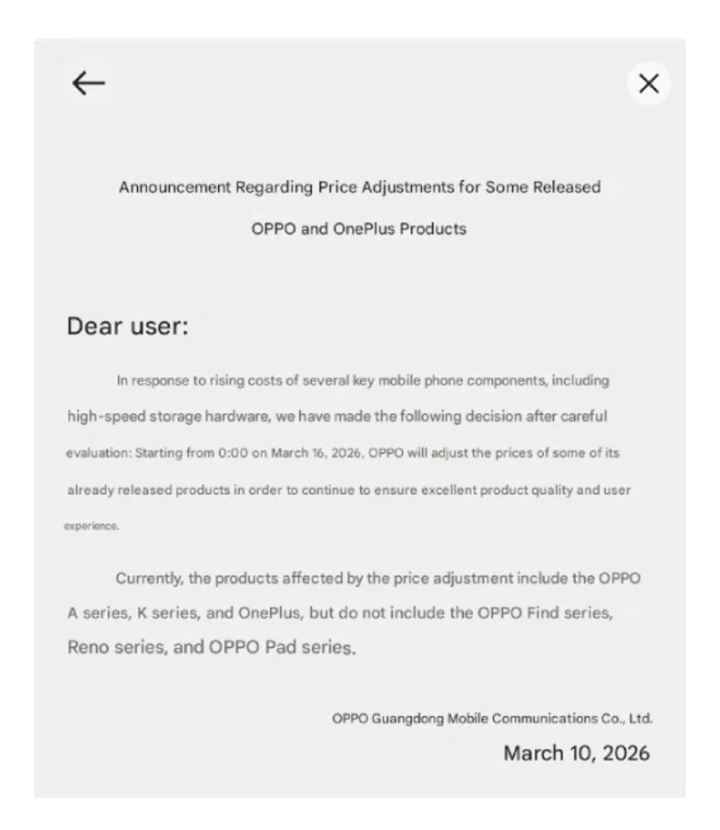 prathapgtech's tweet image. OPPO and OnePlus smartphones will become more expensive starting March 16 due to rising component costs.

#OPPO #OnePlus
