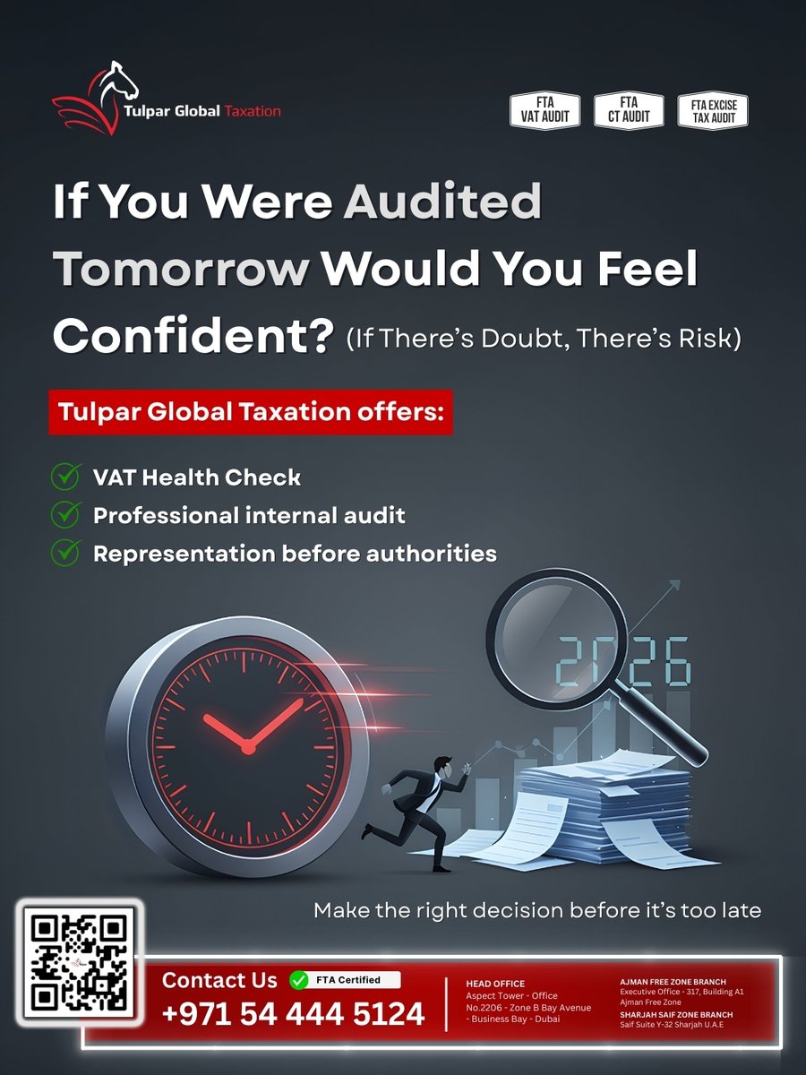 𝗜𝘀 𝗬𝗼𝘂𝗿 𝗕𝘂𝘀𝗶𝗻𝗲𝘀𝘀 𝗙𝗧𝗔 𝗔𝘂𝗱𝗶𝘁-𝗥𝗲𝗮𝗱𝘆?
Feel confident about your tax compliance?
 Tulpar Global Taxation keeps you secure with:

➤ VAT Health Checks
➤ Internal Audits
➤ Representation before Authorities

FTA Certified ✅
+971-544445124
#FTAAudit #Taxation