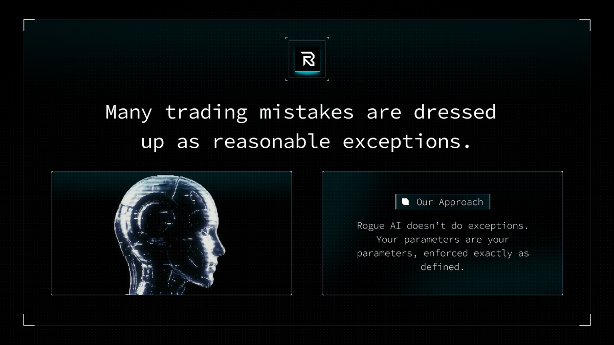 RogueAITrading's tweet photo. Many trading mistakes are dressed up as reasonable exceptions.

Slightly wider stop losses, position sizes just a little bigger than last time, a trade taken on small conviction rather than complete confirmation…

Each one can feel justified in the moment, but collectively, they’re the reason a strategy on paper never matches the strategy in practice.

Rogue AI doesn’t do exceptions. Your parameters are your parameters, enforced exactly as defined.