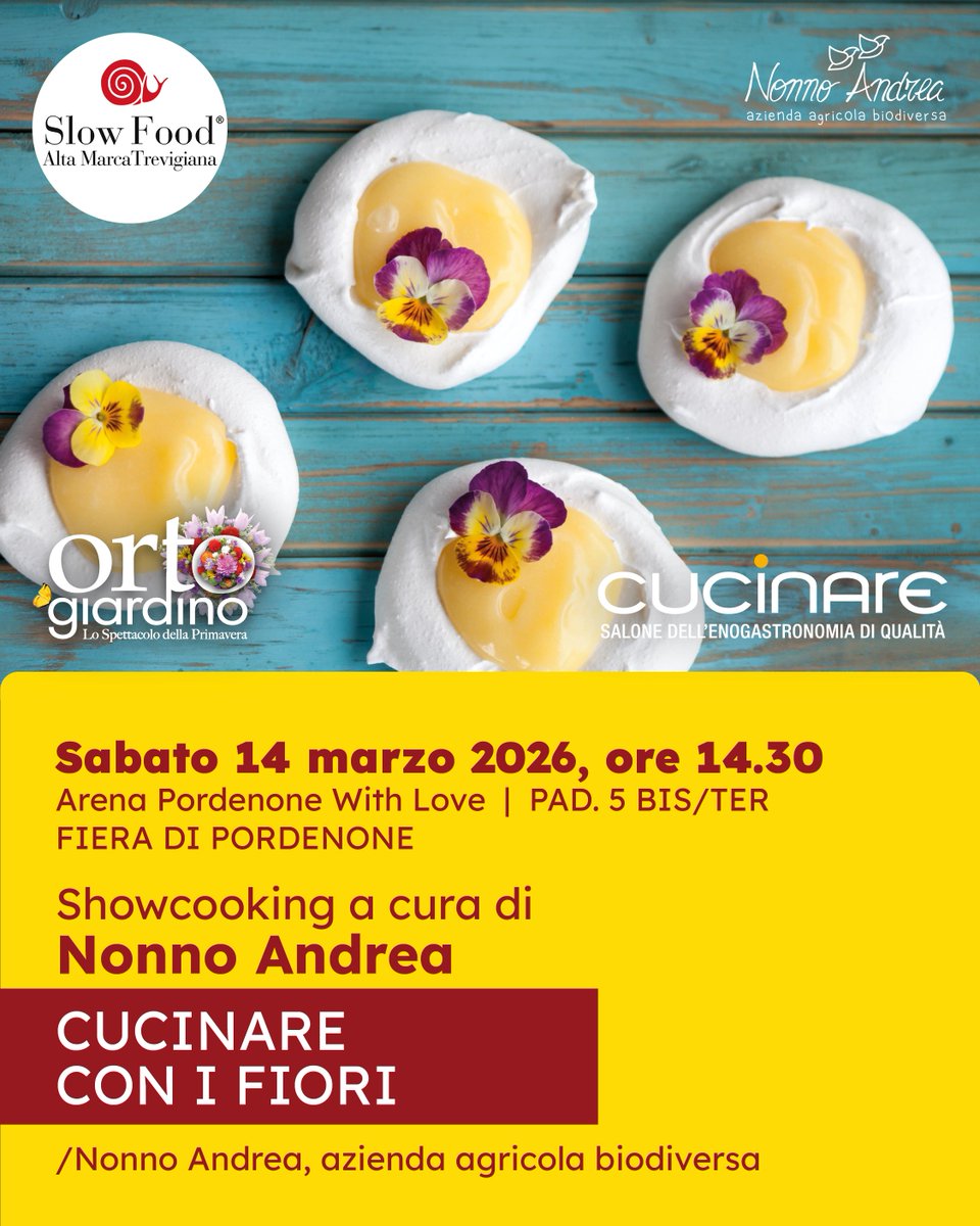 Con Nonno Andrea, la memoria della terra incontra la visione di Slow Food in un’esperienza dove i fiori sono ingredienti, cultura e bellezza🌸

🗓️14/03/2026
🕝 14.30-15.30
📍Arena Pordenone With Love | Pad. 5 BIS/TER
🍽️Gratis, con biglietto Fiera
🔗 tinyurl.com/yrtnvupn