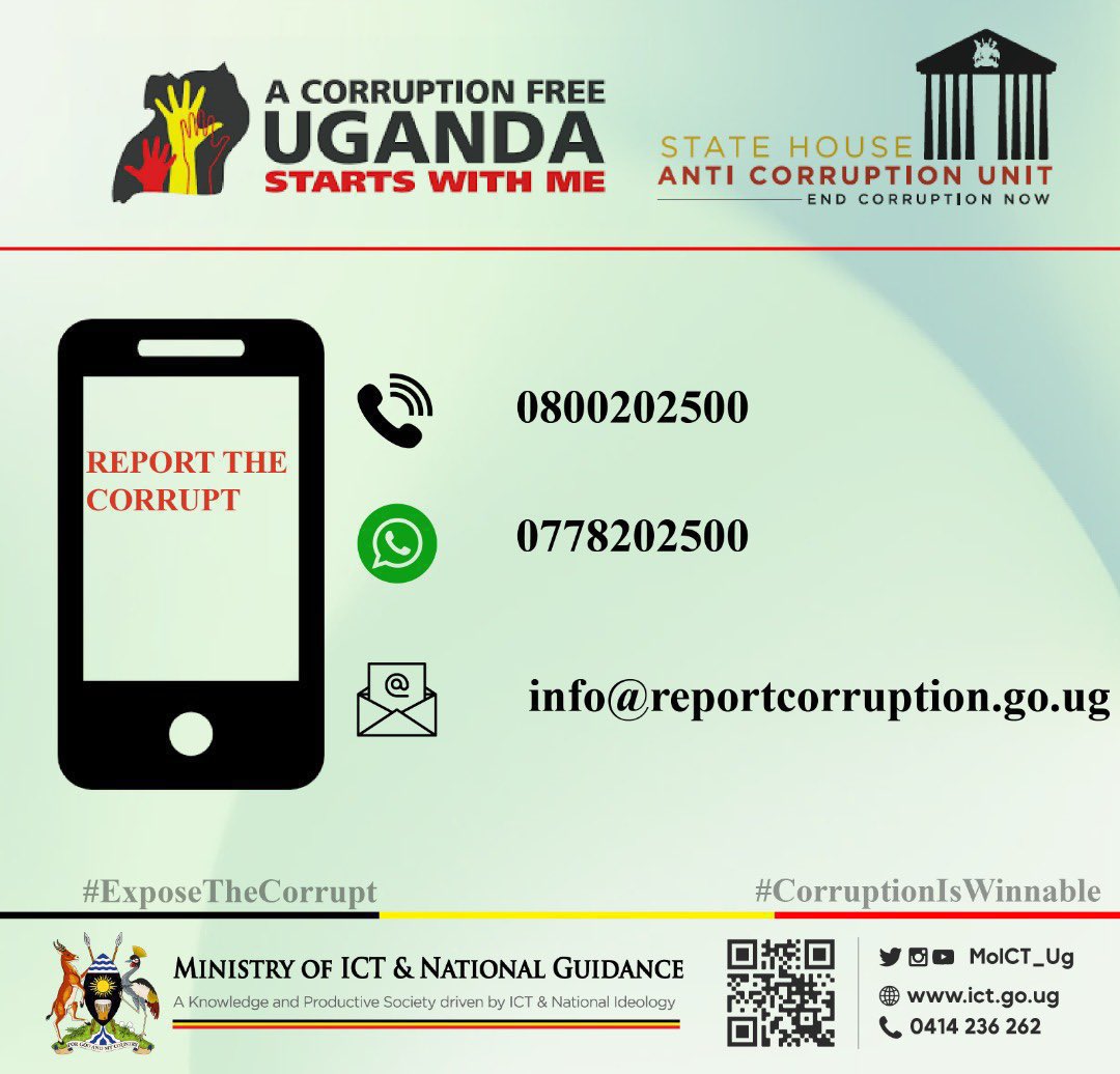 TrillUganda's tweet photo. Quick reminder,The State House Anti-Corruption Unit @AntiGraft_SH reminds all citizens to report any instances of corruption, promoting transparency and accountability in governance. #ExposeTheCorrupt https://t.co/Apwjp5BLnd