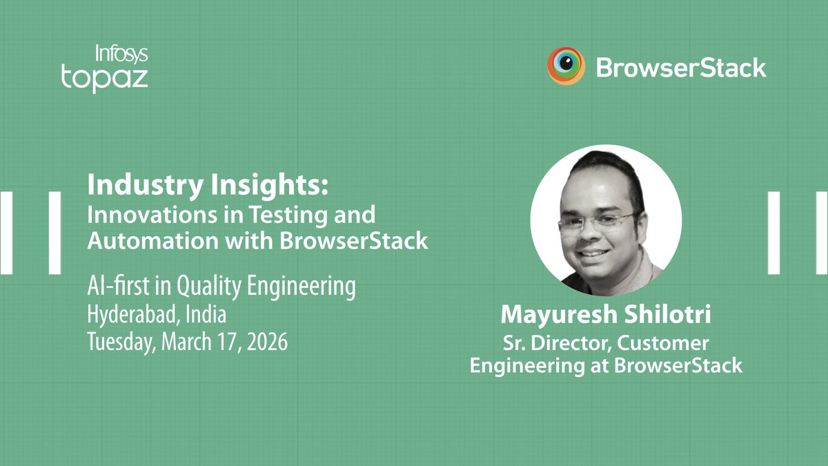 InfosysEvents's tweet image. Industry innovation takes the spotlight at #AIfirstQEHyderabad2026. Mayuresh Shilotri, Sr. Director, Customer Engineering at @browserstack will share key insights on automation and AI driven #QualityEngineering.

Know more: infy.com/Uavau.

#InfosysTopaz | #InfyTesting