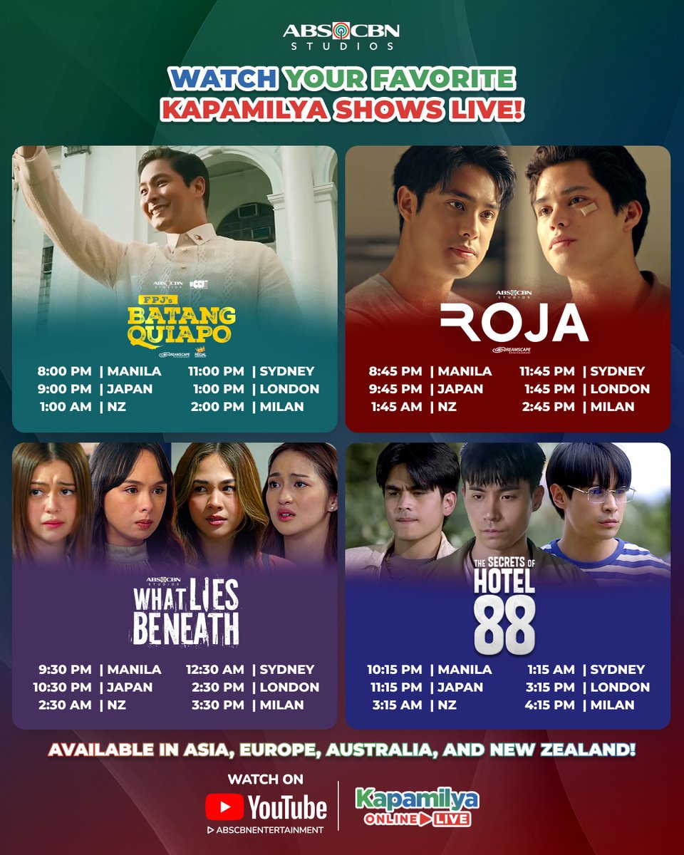 ABSCBN's tweet image. Ito na, last na! 🥹 ‘Wag niyo palalampasin ang mga kaabang-abang na FINALE sa #PrimetimeBida! Patuloy rin na  tuklasin ang bagong bukas na Hotel 88 🎑
 
Watch #FPJsBatangQuiapo, #ROJA, #WhatLiesBeneath, and #TheSecretsofHotel88 LIVE on #KapamilyaOnlineLive!
 
#BatangQuiapo
