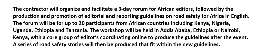 gijnAfrica's tweet photo. NEW! @WHO seeks an experienced partner to facilitate a 3-day forum for African editors and support the production &amp; promotion of editorial &amp; reporting guidelines on road safety.

Send expressions of interest &amp; quotes to taylorma@who.int by March 20. https://t.co/DmThpjEEJn https://t.co/HmswpJDNYj