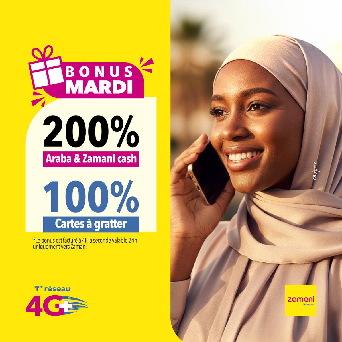 ZamaniTelecom's tweet image. Chaque mardi, bénéficiez de :
- 200% de bonus via Araba
- 200% de bonus via Zamani Cash
- 100% de bonus via Cartes à gratter

📷 Valable uniquement vers Zamani Télécom
📷 Validité : 24h (facturé à 4F/seconde)

#ZamaniTelecom #PromoMardi #4GPlus #Telecom