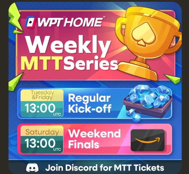 mcylloj's tweet photo. WPT HOME Weekly MTT Series ♠️

• Tuesday &amp; Friday – 13:00 UTC (Regular Kick-off)
• Saturday – 13:00 UTC (Weekend Final)

Detail :
https://t.co/xnaqba74Zs

Follow : @wpthomeofficial
#WPTHome #PokerTournament https://t.co/ASM4zIBbfe