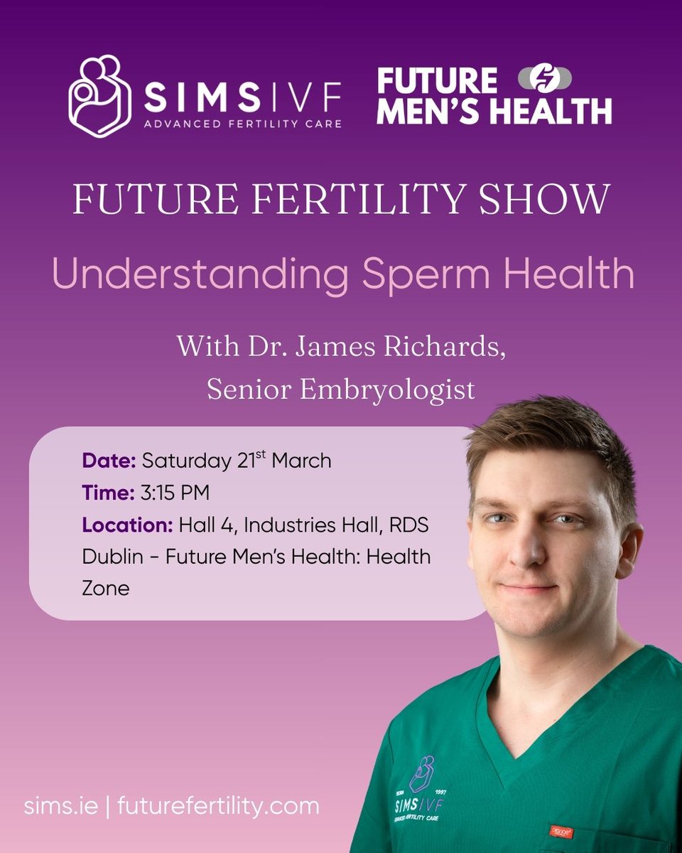 simsivf's tweet image. Meet Sims IVF at Future Fertility Show &amp;amp; Future Men's Health on Mar 21-22! 🌟

Explore fertility options, join workshops, and catch 'Understanding Sperm Health' with Dr. James Richards.

Tickets: futurefertilityshow.com/tickets-2

#SimsIVF #FertilitySupport