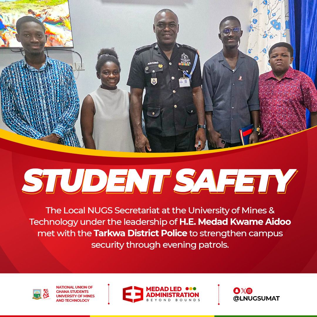 Student safety remains a priority. The Local NUGS Secretariat held productive discussions with the Ghana Police Service to reinforce evening patrols and improve security at UMaT..
Strengthening campus security through collaboration.
#BeyondBounds
#MedadLedAdministration