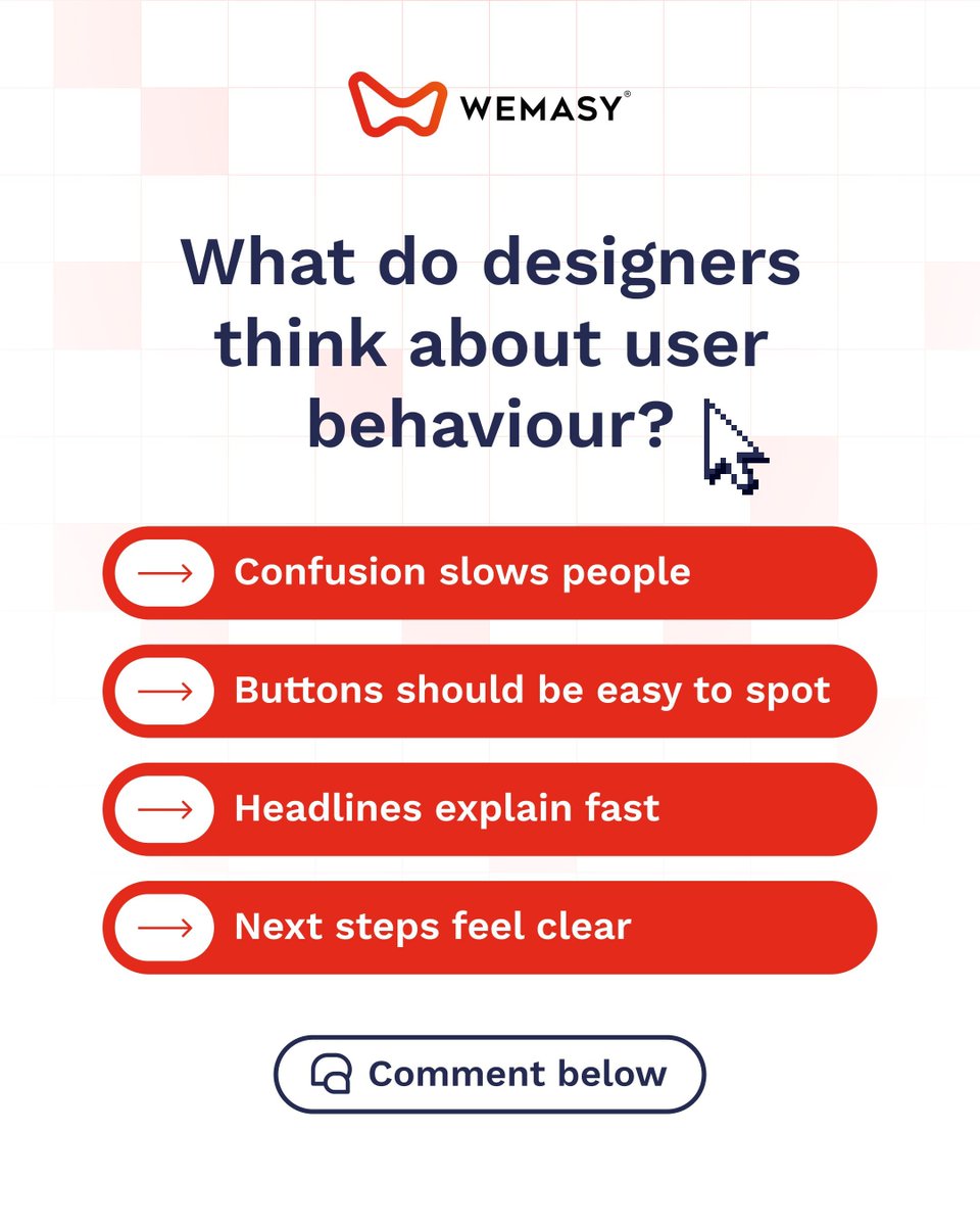 WEMASY_com's tweet photo. Ever notice users hesitate before clicking?
Designers watch pauses, clicks, and drop-offs to understand why.
User behaviour reveals where a website feels unclear.
Save if this resonates.

#DesignInsights #ThinkLikeADesigner #WebsiteStrategy #CreativeProcess #SaveThisPost https://t.co/OY3SO6t9GQ