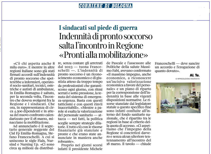 🏥Indennità di pronto soccorso. In altre regioni già firmati accordi, in #EmiliaRomagna salta l'incontro. L'ira della <a href="/CislFpER/">CislFpEmiliaRomagna</a>. 🗣️Stefano Franceschelli sul Corriere di #Bologna : "Ci sono circa 19 milioni da distribuire, senza contare gli arretrati del 2023. L'indennità di