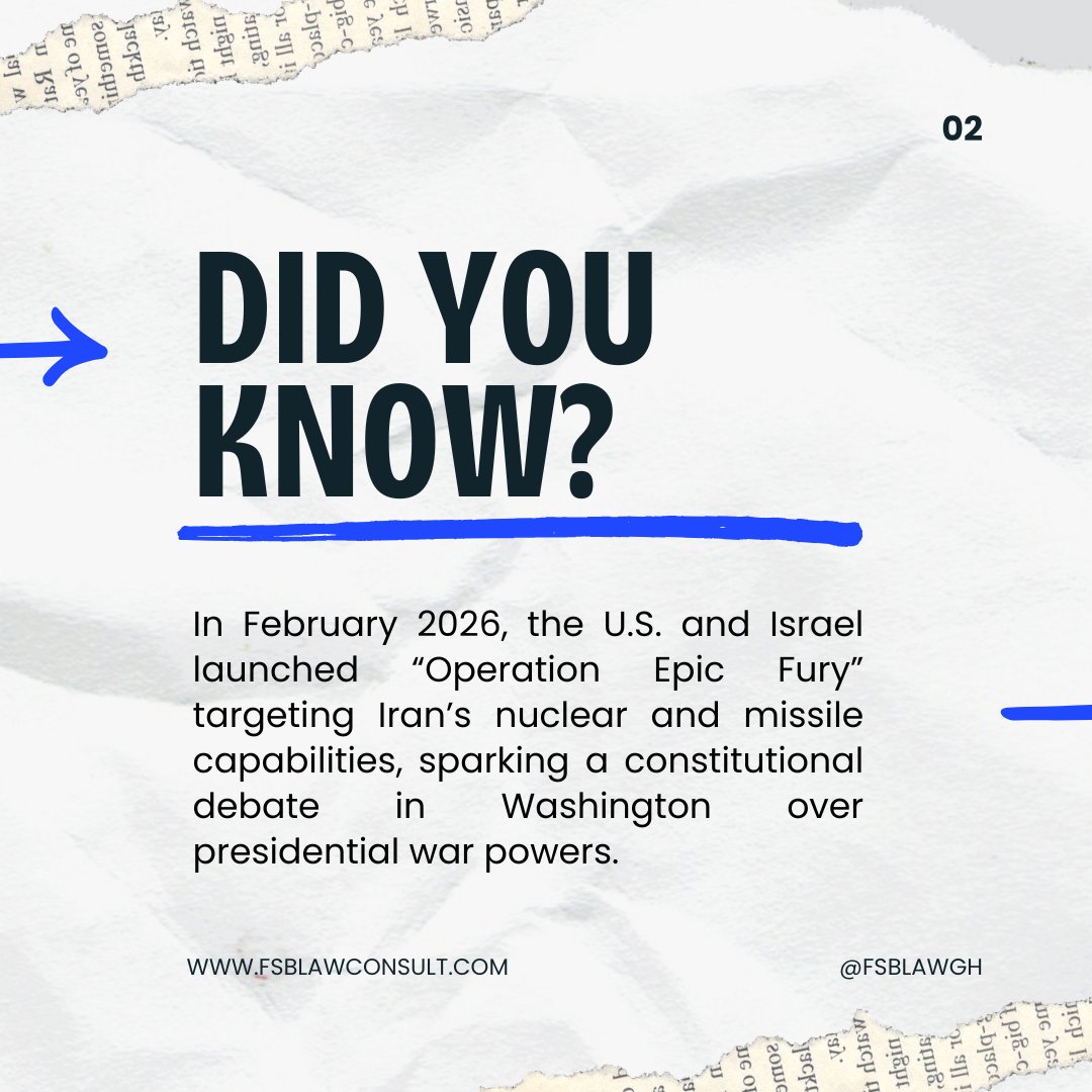 fsblawgh's tweet photo. Did you know? The U.S. and Israel’s "Operation Epic Fury" in February 2026 has reignited the debate over who can declare war.

Curious about the constitutional clash and its implications? Dive deeper in our latest newsletter: https://t.co/B5AegnLr13 https://t.co/RGe5m7ztBD