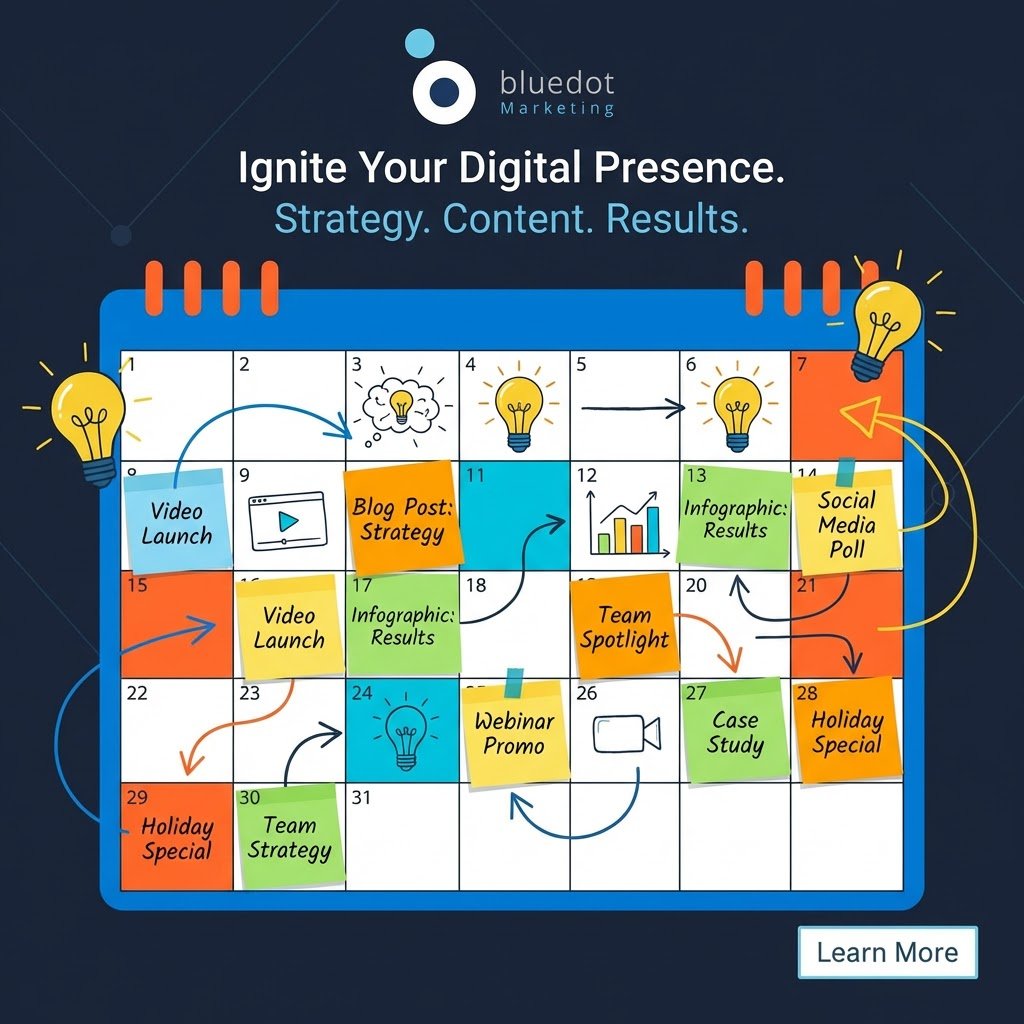 BluedotMktg's tweet photo. Tired of staring at a blank calendar wondering what to post? We've got a strategy that fills it with content that converts. No more guessing games. 

We build your content pillars, plan a monthly calendar, create the visuals + captions, and schedule everything—so you stay consistent and drive leads.  

Want a free 7-day content starter plan? DM “CALENDAR” or book a call.

#ContentStrategy #SocialMediaMarketing #ContentCalendar #MarketingAgency #SmallBusinessMarketing #LeadGeneration