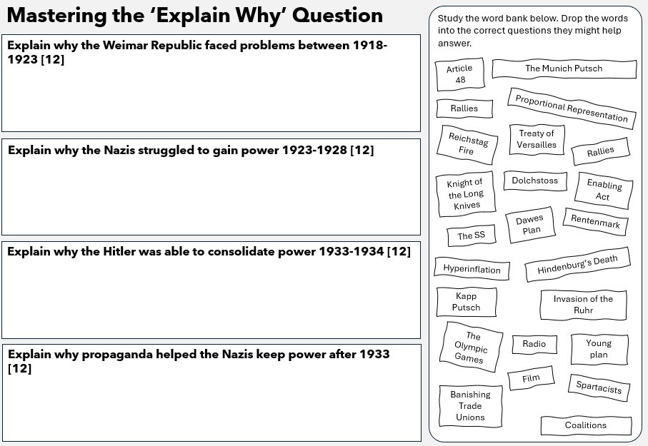 andyhassan1985's tweet photo. Something new I'm trying, which I'm sure I've inadvertently pinched from @mrfitzhist. The students use this to select the best evidence for each of the 12-mark GCSE questions. https://t.co/kKtdPNk7pq They will then choose one to write in the lesson. #historyteacher https://t.co/bTz3XVqgEK