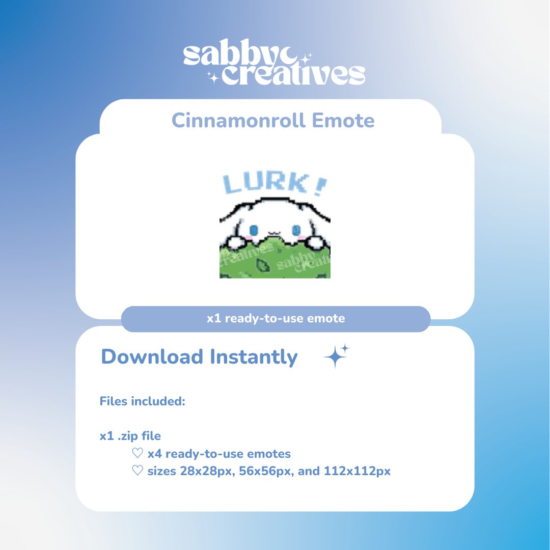 #Cinnamoroll Lurk Emote! Grab yours on my #VGen shop for £6! I’ve also got other stream assets in my shop, and I’m still making more 💙

vgen.co/sabbycsyy/shop