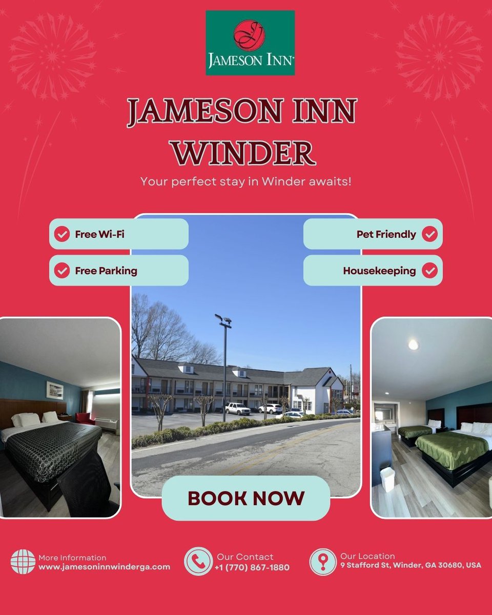 InnJameson's tweet image. 🌟 Stay in comfort at Jameson Inn Winder! 🏨 Enjoy free Wi-Fi, free parking, and more. Book your stay TODAY! 📞

📞 Call: +1 (770) 867-1880
🌐 jamesoninnwinderga.com

#JamesonInn #StayComfortable #FreeWiFi #FreeParking #BookNow