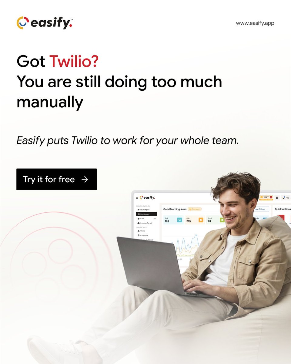EasifyApp's tweet photo. Many teams adopt Twilio and then hit the same wall: the infrastructure is strong, but daily execution becomes heavy.
Easify removes that friction. It layers on top of your Twilio account and turns it into a system your team can actually run efficiently. Try Easify free for 7 days https://t.co/YzeO3zsY58