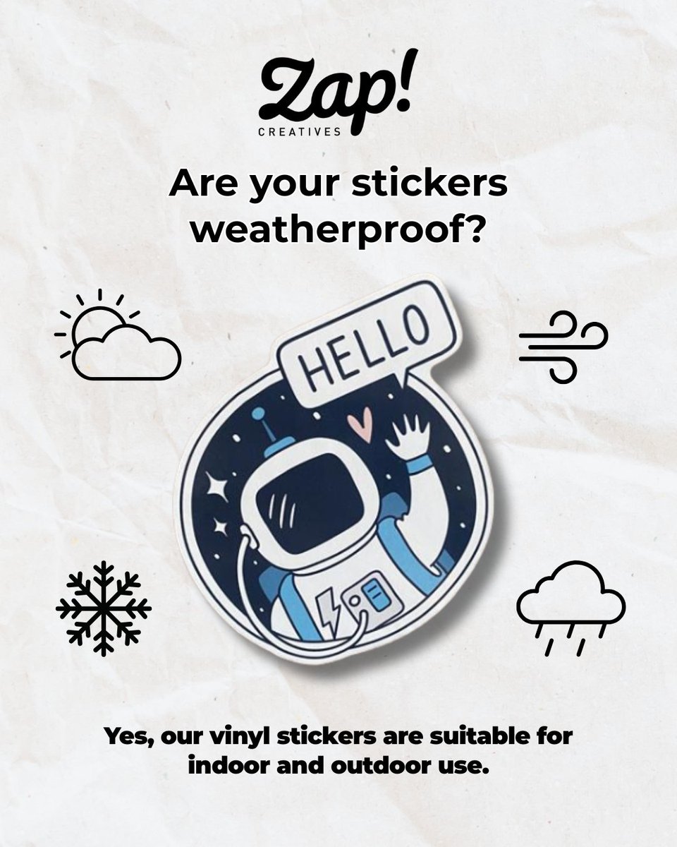 ZapCreatives's tweet image. ZAP! Are your stickers weatherproof? 🌧️🌥️

Yes, our vinyl stickers are suitable for indoor and outdoor use.

#stickers #printing #custom #merch #weather #outdoor #stickershop #art #design #creative #madeintheuk #fyp #merchandise