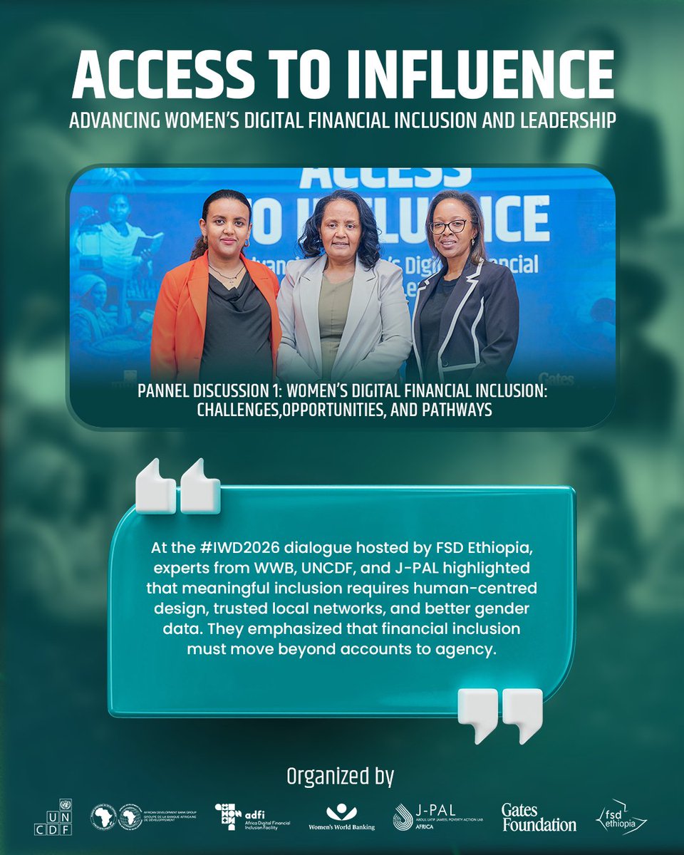 FSDEthiopia's tweet photo. The first panel discussion at FSD Ethiopia’s International Women’s Day 2026 event—titled “Women’s Digital Financial Inclusion: Challenges, Opportunities, and Pathways”—examined how Ethiopia can close the gender gap in its rapidly evolving digital financial ecosystem. https://t.co/VPsFUWvAg2