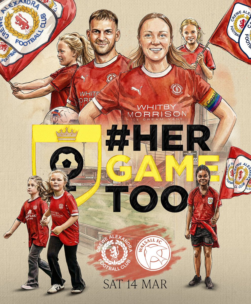 crewealexfc's tweet image. To celebrate #InternationalWomenDay, our fixture against Walsall will be dedicated to @HerGameToo ❤️

🎫 Free tickets for girls' grassroots teams
🤳 Selfie frame
🎤 Guest Speakers - Hannah Holloway, Jess Sheridan and Emilia Edwards
👕 #HerGameToo warm-up tops

#CreweAlex