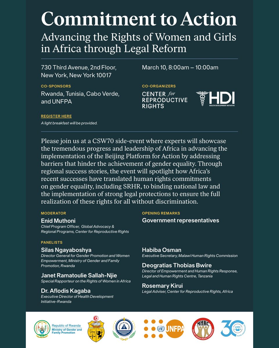 Africa is not waiting.

Join us this morning at our #CSW70 side event.

Commitment to Action: Advancing the Rights of Women and Girls in Africa through Legal Reform.

From courtrooms in Malawi and Zambia to policy chambers across the continent, Africa is translating human rights