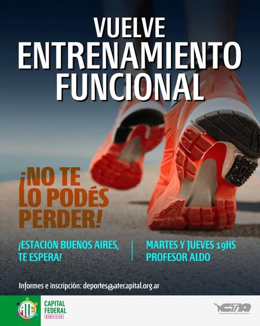 Entrenamiento Funcional en Estación Buenos Aires
📷 ¡VOLVEMOS CON TODO!
Regresa el Entrenamiento Funcional 📷
📷Barrio Estación Buenos Aires
📷 Martes y Jueves – 19 hs
¡No te lo podés perder!
Consultá los aranceles y pedí tu planilla de inscripción:
📷 deportes@atecapital.org
