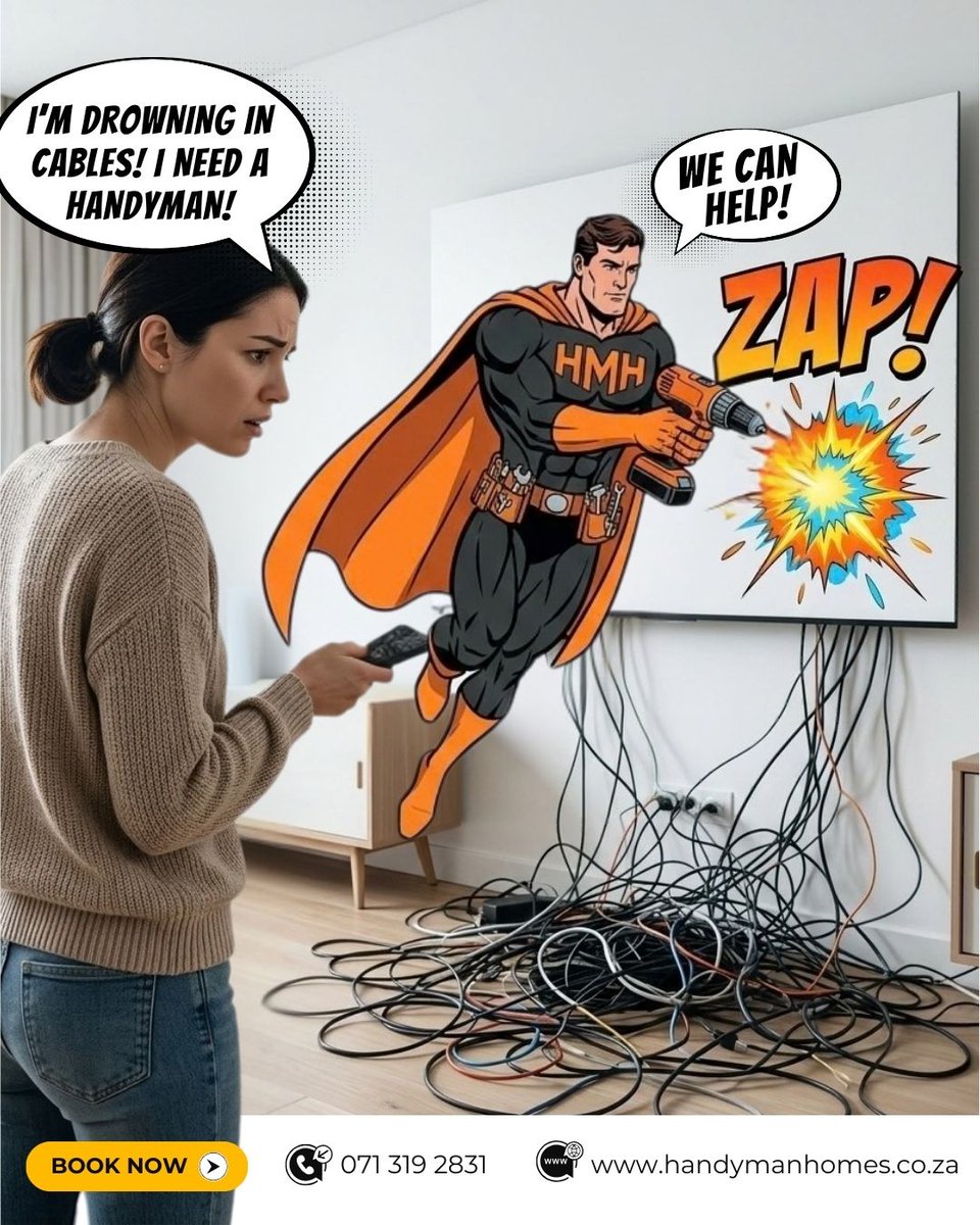 Handyman_Homes's tweet image. Cable chaos is real. 😫 Don't fight the wires. Let us be your superhero! 🦸‍♂️ ZAP! away the mess with our professional TV mounting and wire management. 

Schedule your appointment today! handymanhomes.co.za

#TangledCables #TechClutter #Handyman #TVInstall