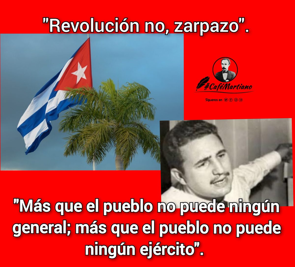 Buenos días 🇨🇺  #CaféMartiano
La historia que bien sabemos:
✍️"Siempre hubo semejanza entre los hombres y las armas que usan". 

Un 10 de marzo de 1952, ante el golpe de estado militar en el que se traicionaba al pueblo, dijo Fidel:"Revolución no, zarpazo". 
#CubaViveEnSuHistoria