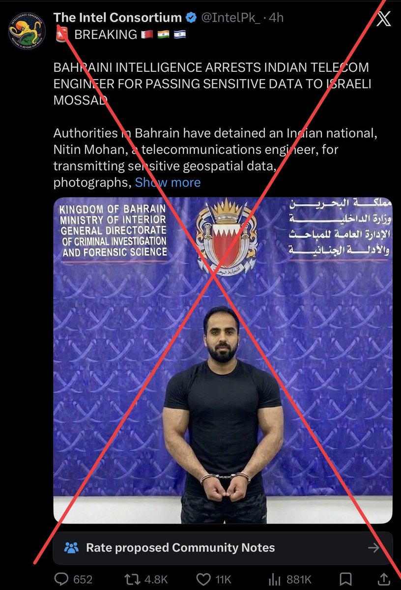 zoo_bear's tweet photo. Beware of Propaganda accounts from Pakistan are sharing an AI image with a misleading claim that an Indian National by the name Nitin Mohan was arrested in Bahrain for leaking sensitive details. 

Fact : According to @moi_bahrain, Six ppl from Asian Nationalities were arrested by the Police for filming and publishing video related to Iran-Israel conflict and glorifying. 
Of the 6 individuals, One was from Bangladesh and 5 from Pakistan.