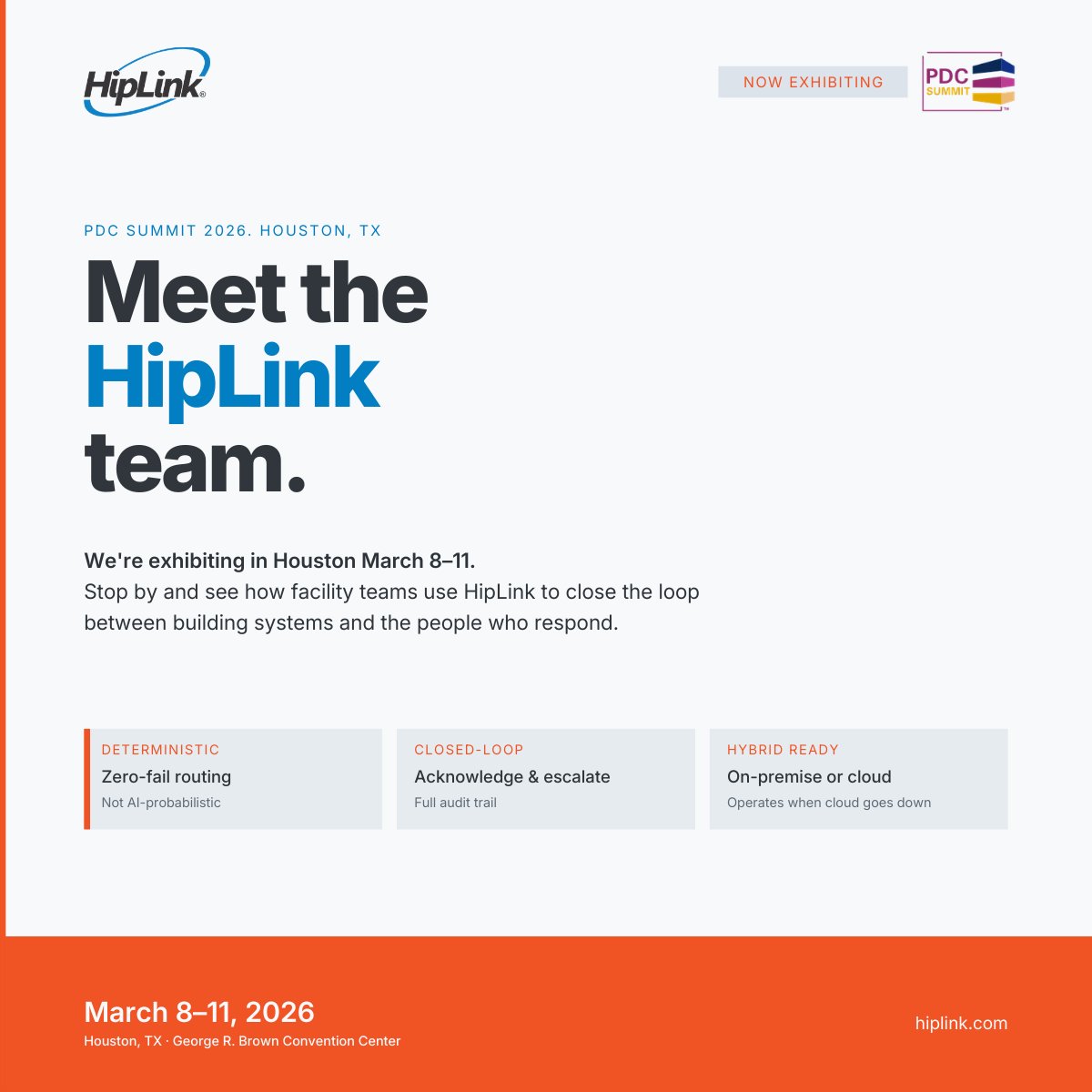HipLink's tweet photo. On the floor at #PDCSummit (booth 741).

We're showing how facility teams use HipLink to:

- Route alarms to the right person
- Enforce escalation when no one responds
- Replace tribal knowledge with repeatable workflows
- Create visibility across BMS, security, IT, and voice https://t.co/zNYdhHaJc9