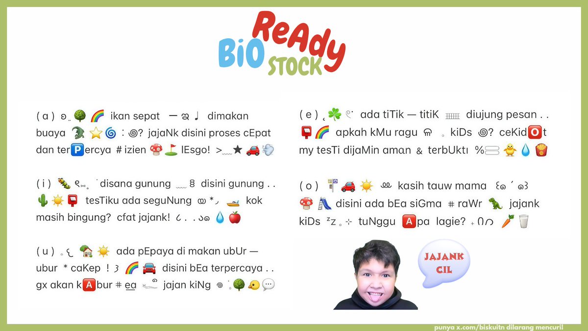 ᣞ☘️᷼ ⁺  help repost? timakasii!

halo cobat — cubit ⭐ aku punya bio ready stock bcil pantun, boleh langsung dibawa pulang 🛵 🌈 3.5OO/each jajank skrang!  ˙𐃷˙ 🍄🛝