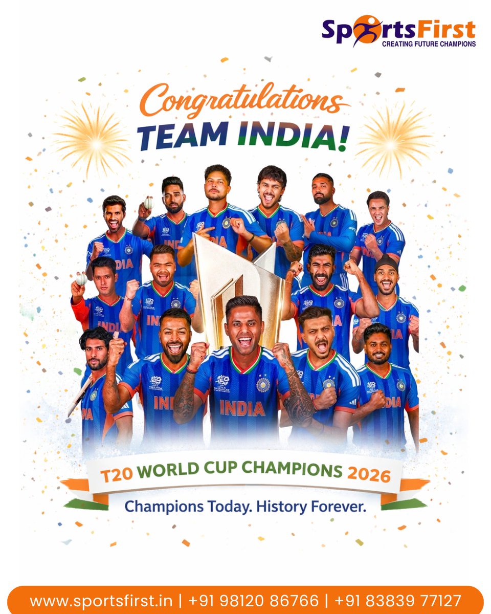Sportsfirst_in's tweet photo. Champions today. History forever. 🇮🇳🏆

Congratulations to the Indian cricket team on becoming T20 World Cup Champions 2026.

...
#TeamIndia #T20WorldCup #Champions https://t.co/vDeUcZyw5g