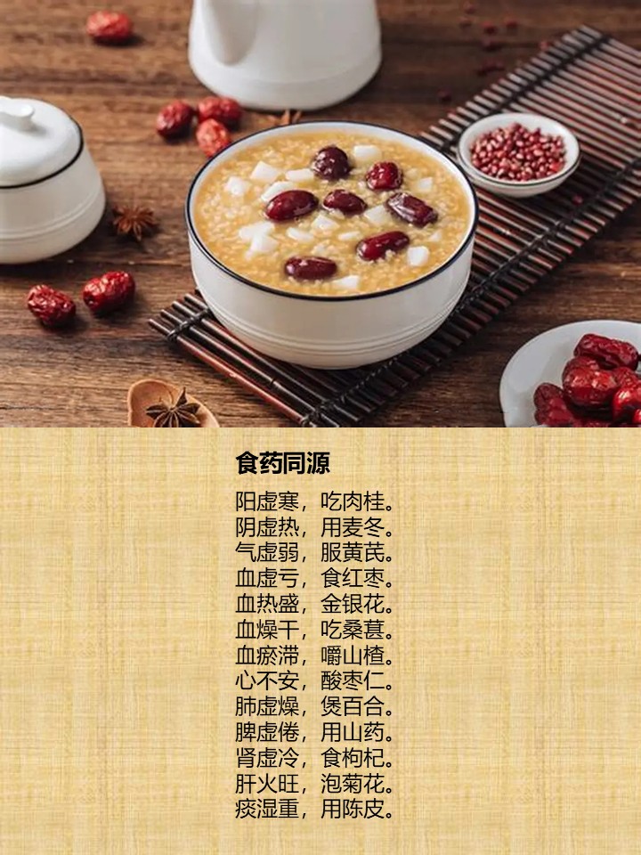 食药同源

阳虚寒，吃肉桂。
阴虚热，用麦冬。
气虚弱，服黄芪。
血虚亏，食红枣。
血热盛，金银花。
血燥干，吃桑葚。
血瘀滞，嚼山楂。
心不安，酸枣仁。
肺虚燥，煲百合。
脾虚倦，用山药。
肾虚冷，食枸杞。
肝火旺，泡菊花。
痰湿重，用陈皮。