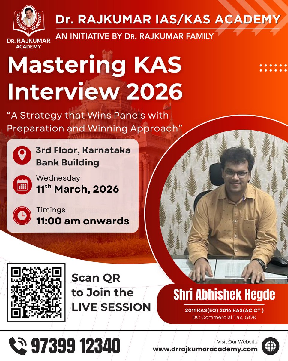 DrRajAcademy's tweet photo. Master the art of facing the KAS Personality Test with confidence and clarity.
Join the Special Session for Mastering KAS Interview 2026 by Abhishek Hegde, DC Commercial Tax, Government of Karnataka.

Join Live: https://t.co/R37kjdRP5w

#KASInterview #KAS #DrRajkumarAcademy https://t.co/CUdhaWdKaV