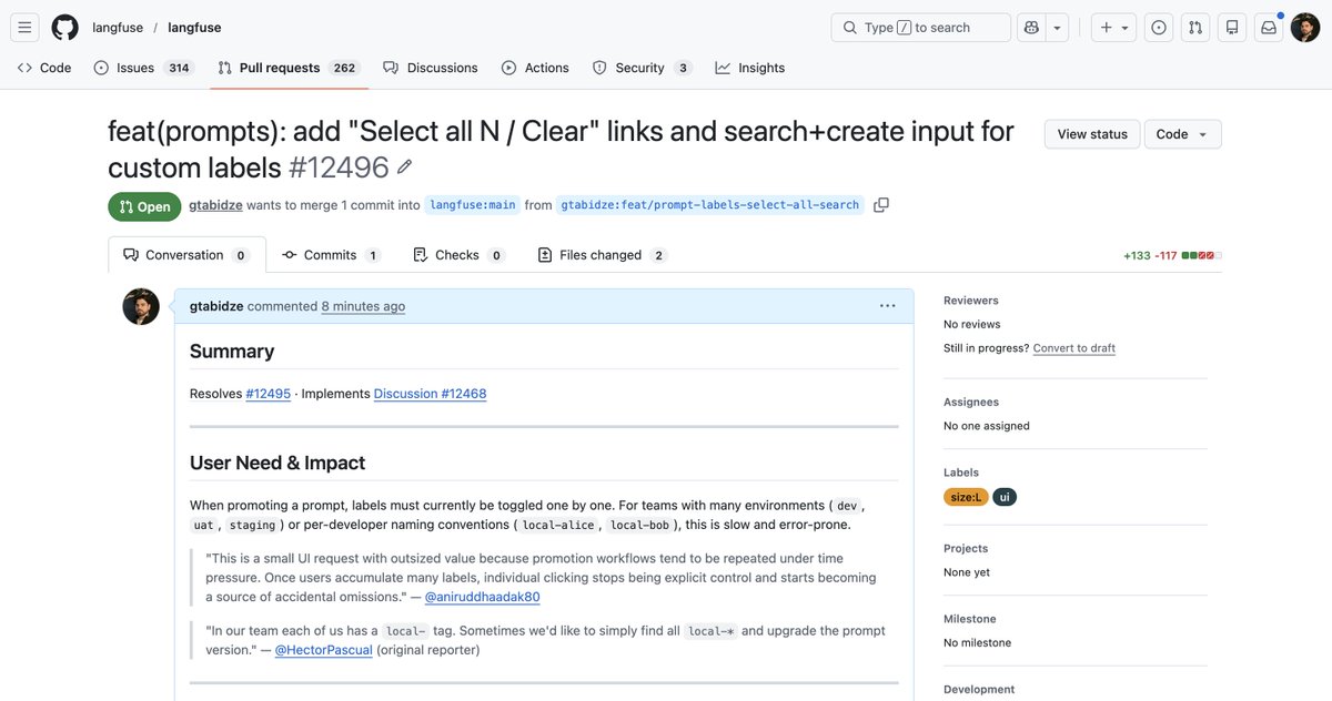 gtabidze's tweet photo. @langfuse Bonus points: Contributions to open source projects ✅
https://t.co/jvT9qlDf5E

Just scanned the Langfuse GitHub discussions and spotted a potential tiny win. Designed the interaction with @antigravity, tested it, reviewed it, and opened a pull request. https://t.co/db92P5cMZZ