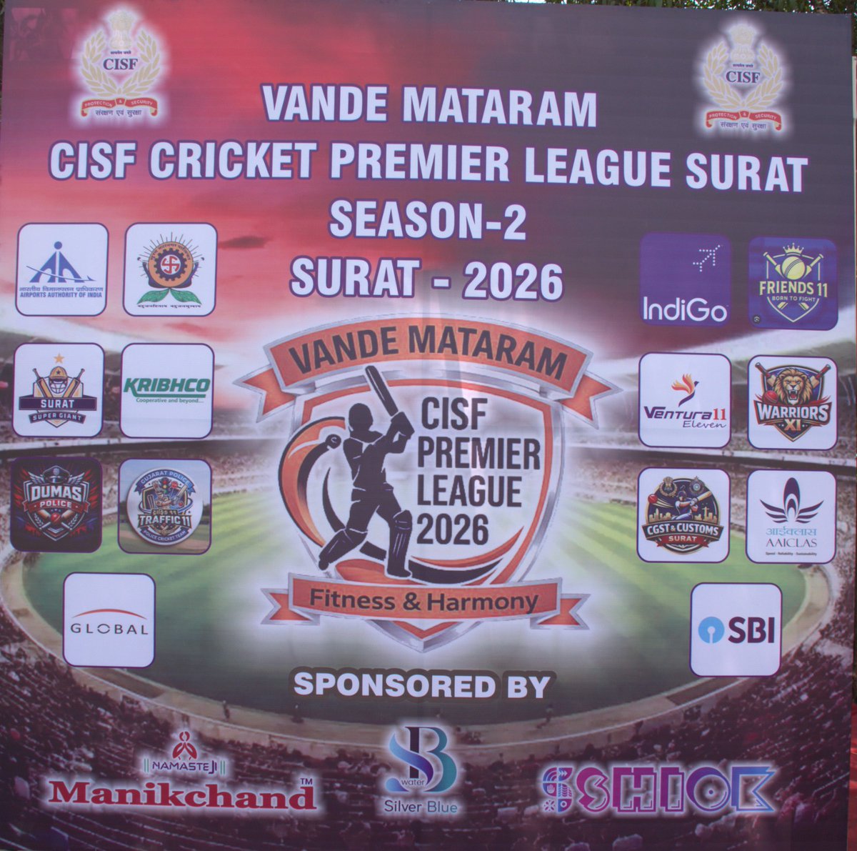 aaistvairport's tweet photo. “Vande Mataram CISF Premier League – Season 2” was inaugurated on 10 Mar 2026 at Karni Mata Cricket Ground, Surat by Shri Anupam Singh Gehlot, IPS, Police Commissioner, Surat City.

@AAI_Official @CISFHQrs @aairedwr @CP_SuratCity https://t.co/crPFq1LAbV