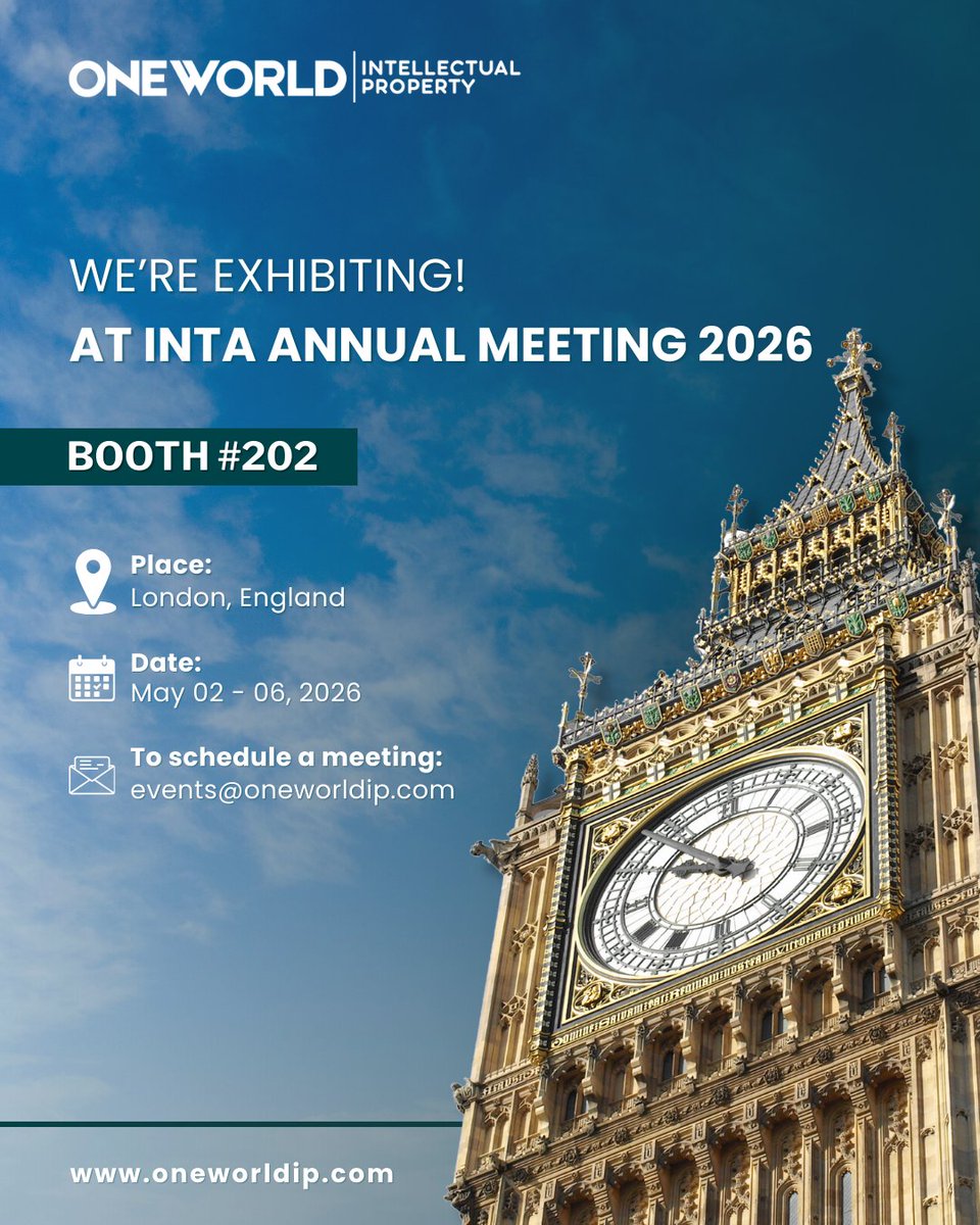 oneworldip's tweet photo. Meet One World IP team at the INTA Annual Meeting in London, England, from May 02 - 06, 2026.
Visit us at Booth #202 at ExCeL London.
To schedule a meeting with our representatives, please click here : https://t.co/MewJK7X2WO
#inta2026 #london #england #meetings #oneworldip https://t.co/ska82zwjWK