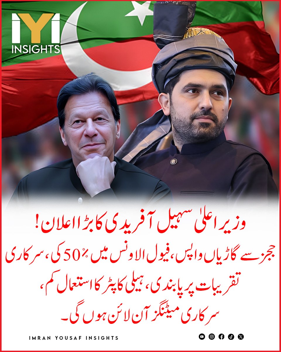 imraninsights1's tweet image. وزیر اعلیٰ سہیل آفریدی کا بڑا اعلان!
ججز سے گاڑیاں واپس ،فیول الاونس میں %50 کمی ،سرکاری تقریبات پر پابندی، ہیلی کاپٹر کا استعمال کم، سرکاری میٹنگز آن لائن ہوں گی۔

#SuhailAfridi
#KPK
#GovernmentReforms
#PublicPolicy
#FuelAllowance
#PakistanNews
#BreakingNews
#OnlineMeetings