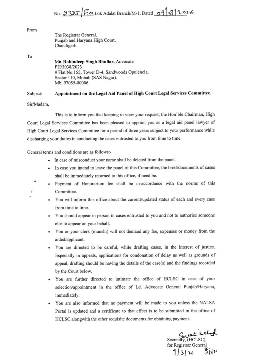 RDSBhullar's tweet photo. Delighted to share my recent appointment as Legal Aid panel counsel at Punjab and Haryana High Court Legal Services Committee! https://t.co/2BOy9OPHYF