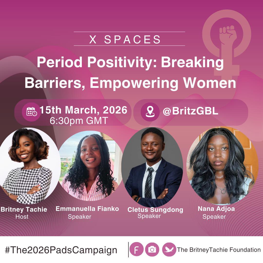 Hey fam!
Join our space Period Positivity: Breaking Barriers, Empowering Women ✨
An open conversation on menstruation, period poverty &amp; empowerment — plus the official launch of the #The2026PadsCampaign supporting 500 girls in Sogakope.
🗓 Mar 15 | ⏰ 6:30PM GMT | 📍 <a href="/BritzGBL/">smallie wey dey mighty</a>