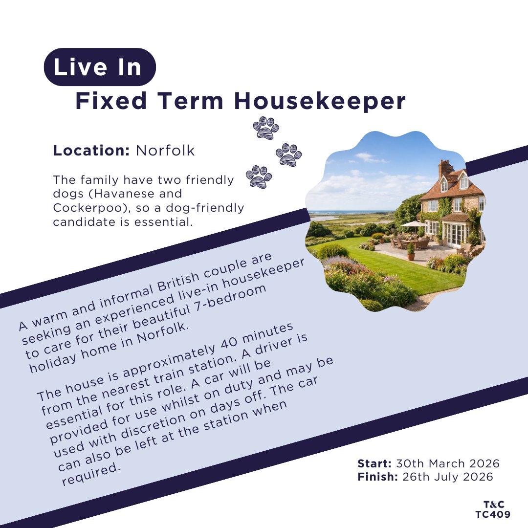 tandcstaff's tweet image. A fantastic fixed-term opportunity is available for an experienced Housekeeper to join a private household in Norfolk. 

#Norfolk #UK #fixedterm #marchstart #housekeeper #agency