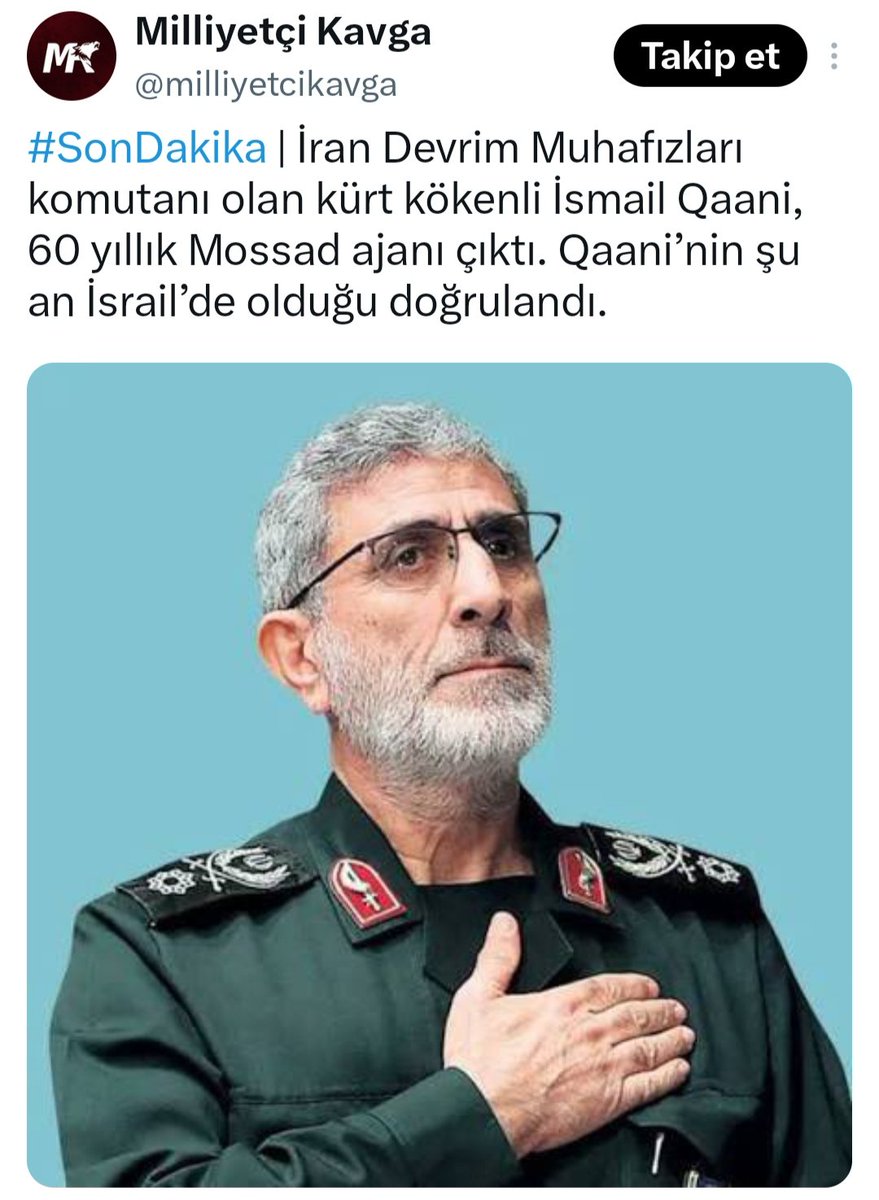 Kurdistan_AR's tweet photo. فضيحة الإعلام التركي:

الإعلام التركي قال أولًا إن إسماعيل قاآني، قائد فيلق القدس الإيراني، هو حفيد تركماني ومن أصل تركي خالص ورفعوه كثيرًا.

لكن عندما انتشرت أخبار تقول إنه عميل للموساد منذ 60 عامًا وموجود في إسرائيل، غيّروا كلامهم فجأة وقالوا إنه من أصل كوردي. https://t.co/fbCUQYvKHX