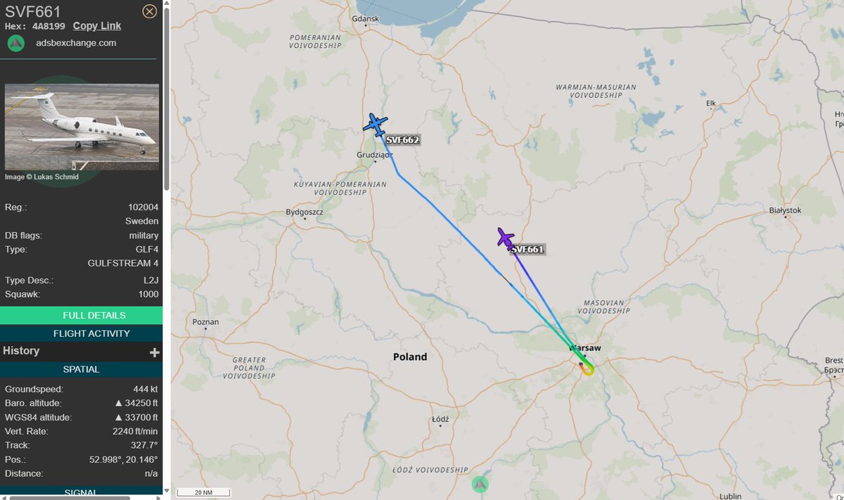 PolishMilRadar's tweet photo. 📅 10.03 🕒 11:33LT - 🇸🇪✈️ Gulfstream i Saab odleciały z Warszawy 🇵🇱
🇸🇪 Siły Powietrzne Szwecji
✈️ #SVF661 Gulfstream Aerospace Tp102C "102004"
✈️ #SVF662 Saab Tp100C (340B+) "100008"
🛫 Warszawa #EPWA 🇵🇱
🛬 Baza Lotnicza Malmen #ESCF 🇸🇪 (tam kieruje się #SVF662. Cel drugiej maszyny nieznany)
🔗 https://t.co/iwCSWP2OYk
#POLMILRADAR