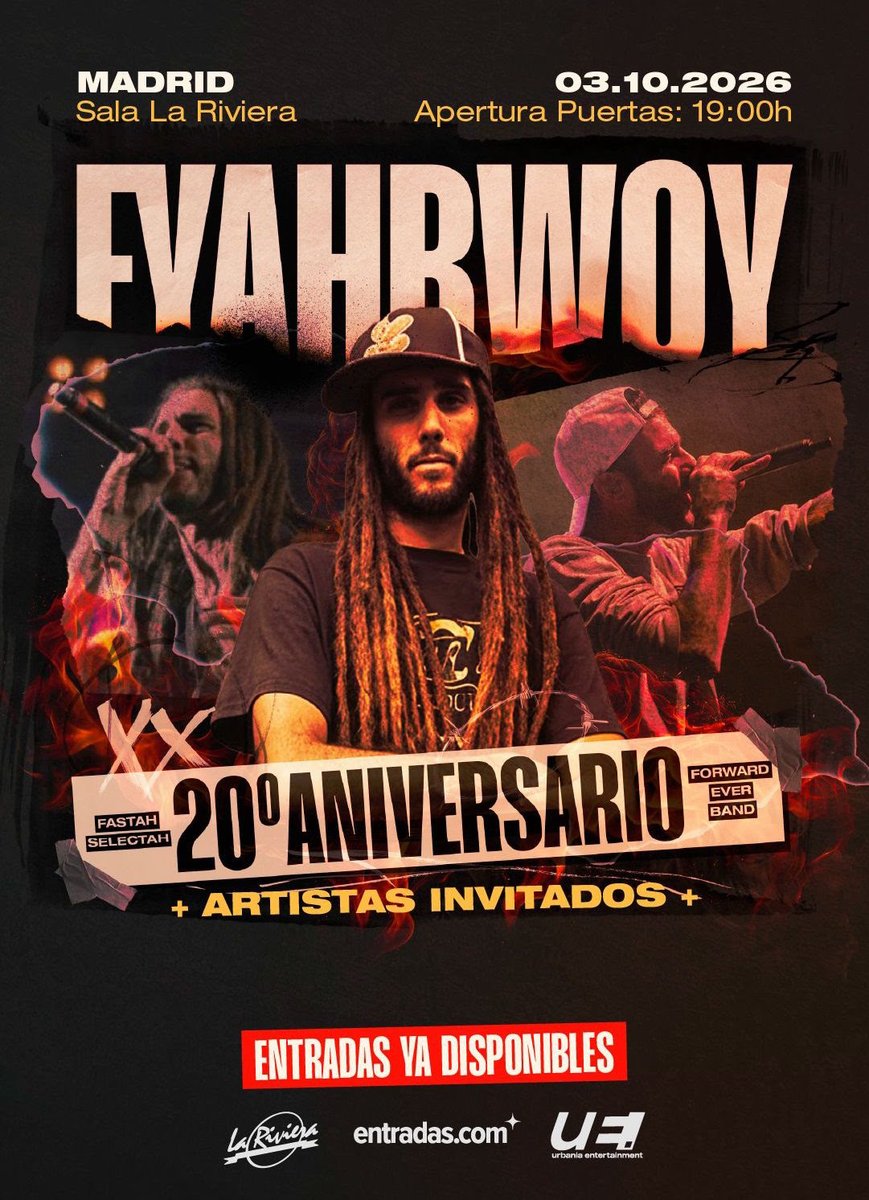 concisyfestis's tweet photo. Concierto 20 aniversario de Fyahbwoy en La Riviera madrileña https://t.co/WPu7O8X9jW