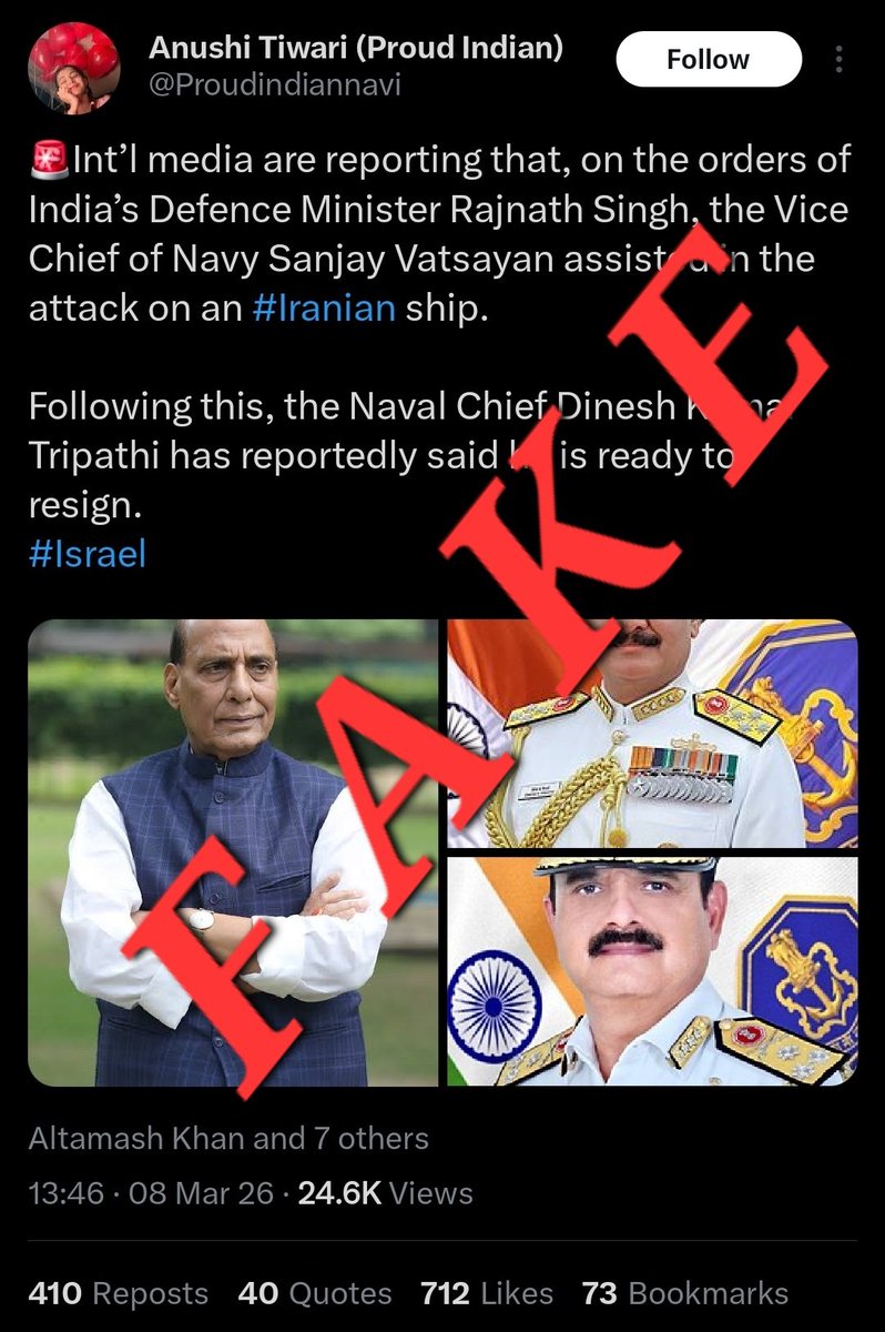 Pakistani propaganda account
is spreading false claims that, on the orders of India’s Defence Minister Rajnath Singh, the Vice Chief of Navy Sanjay Vatsayan assisted in an attack on an Iranian ship and that Naval Chief Dinesh Kumar Tripathi is preparing to resign.
<a href="/indiannavy/">SpokespersonNavy</a>