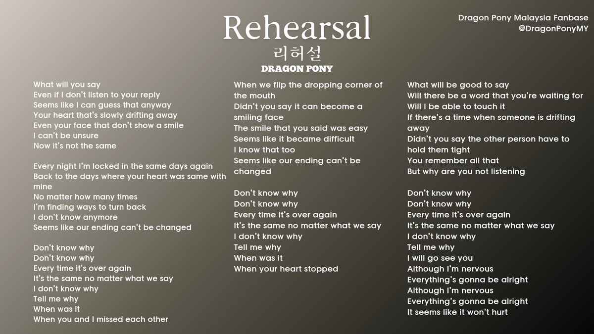Dragon Pony 드래곤포니 - Rehearsal (리허설) lyrics english translation
*May contain inaccuracies
🎵: youtu.be/5z0jNx5gUdI
#DragonPony #드래곤포니 #Rehearsal #리허설 #RUNRUNRUN <a href="/DragonPony_/">Dragon Pony</a>
